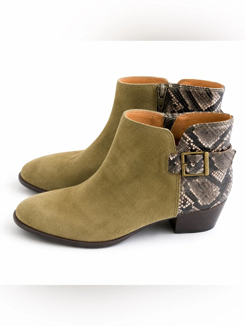 Vionic Naomi Olive Suede Snakeskin Ankle Boots Women’s Size 8.5
